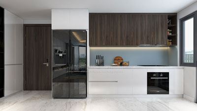 Thiết kế tủ bếp chữ I gỗ laminate - acrylic