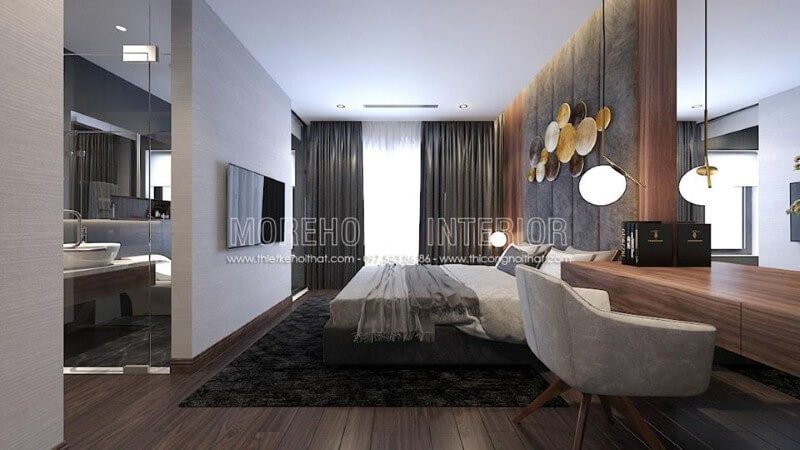 Trang trí nội thất phòng ngủ khép kín hiện đại liền phòng vệ sinh độc đáo với ý tưởng thiết kế mở khi sử dụng cửa kính trắng cường lực.