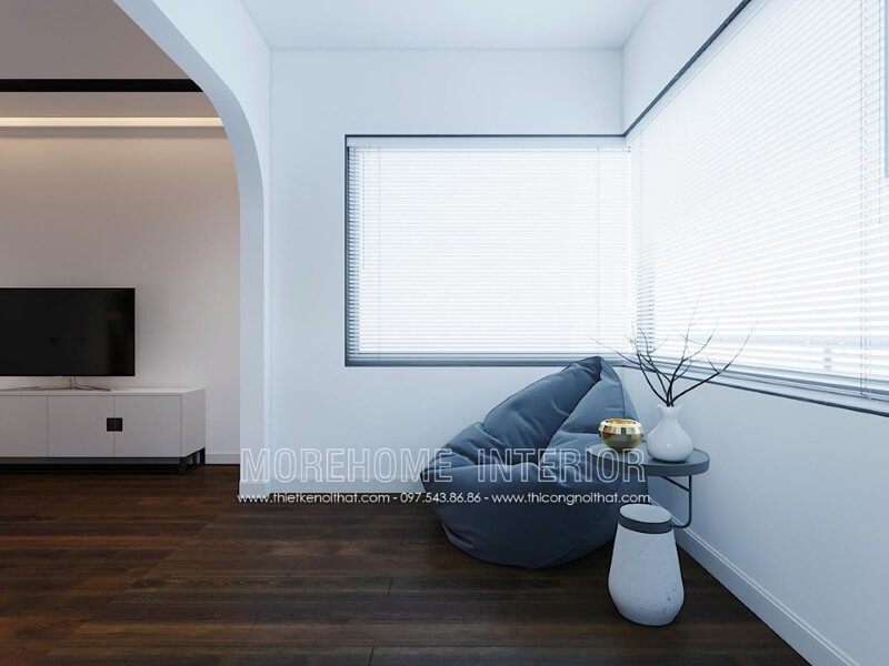 Sàn gỗ óc chó kết hợp cùng tường trắng đơn sắc giúp không gian trở nên rộng hơn, thông thoáng hơn.