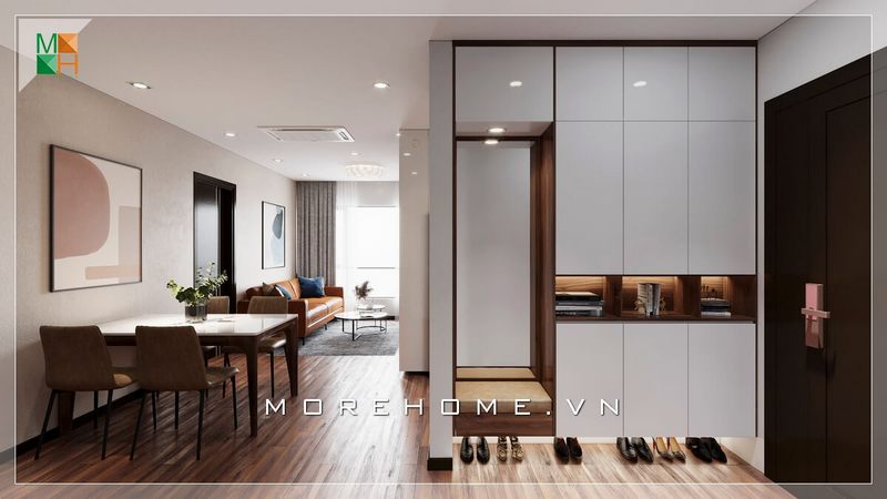 Mẫu tủ quần áo gỗ kết hợp giá để giầy hiện đại thiết kế kịch trần âm tường tối giản diện tích không gian nhà phố, chung cư.